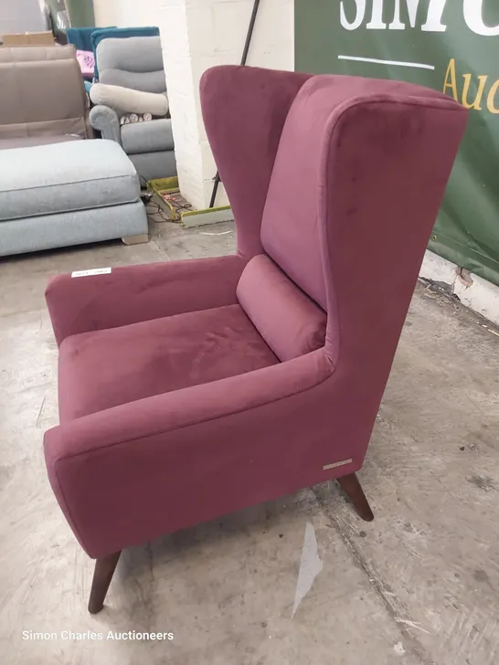 QUALITY BRITISH DESIGNER LOUNGE Co. WINGED EASY CHAIR AUBERGINE PLUSH FABRIC 