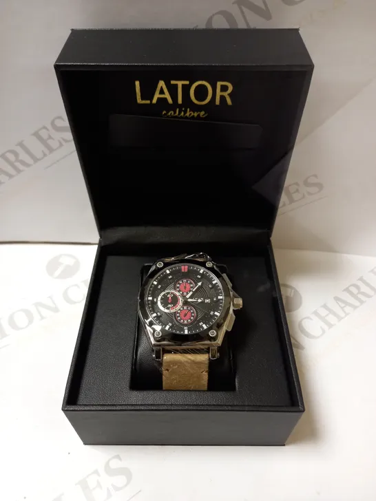 LATOR CALIBRE BLACK & RED TRIPLE DIAL SUEDE LEATHER STRAP WATCH RRP £635