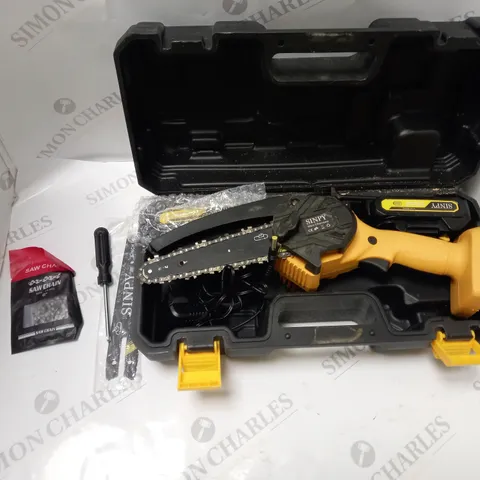 BOXED SINPY MINI CHAINSAW WITH CHARGER, 2 BATTERIES AND ACCESSORIES