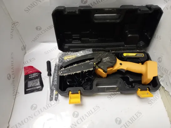 BOXED SINPY MINI CHAINSAW WITH CHARGER, 2 BATTERIES AND ACCESSORIES