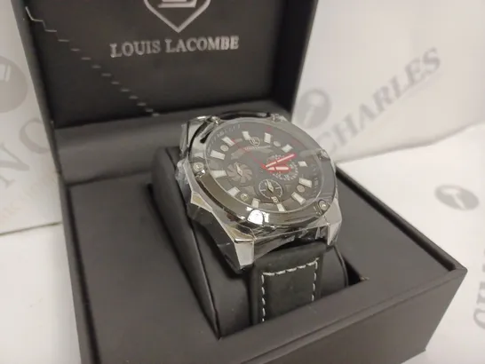 LOUIS LACOMBE MENS WATCH - MULTI FUNCTION BLACK DIAL - STAINLESS STEEL CASE - LEATHER STRAP - 3ATM WATER RESISTANT - DISPLAY BOX