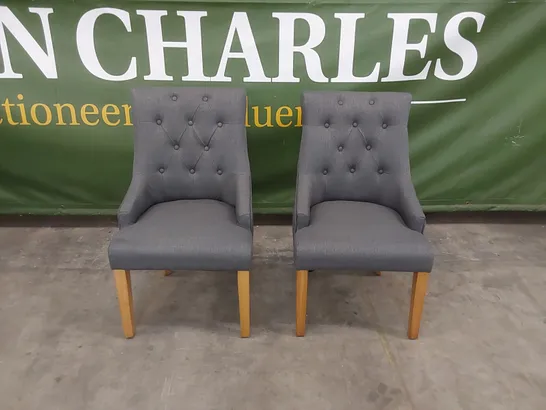 SET OF 2 DUKE SLATE FABRIC BUTTON BACK DINING CHAIRS WITH OAK LEGS 