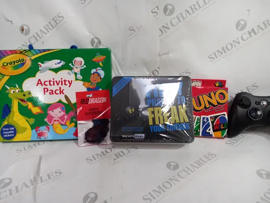 BOX OF APPROX 20 ASSORTED TOYS TO INCLUDE - CRAYOLA ACTIVITY PACK - UNO - XBOX 360 CONTROLLER ECT