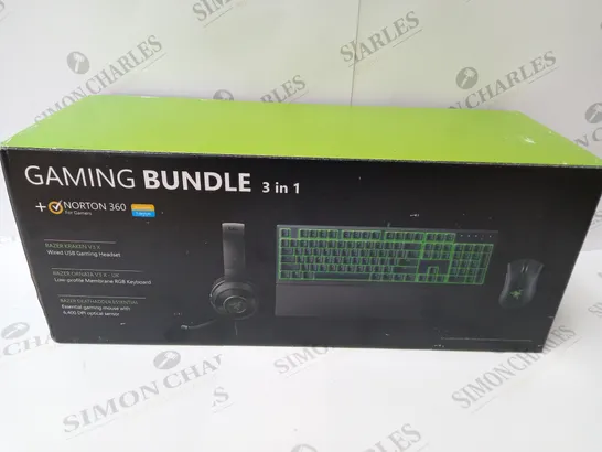 BRAND NEW BOXED RAZER GAMING BUNDLE 3 IN 1 TO INCLUDE USB GAMING HEADSET, MEMBRANE RGB KEYBOARD AND ESSENTIAL GAMING MOUSE