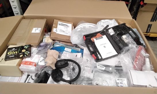 PALLET OF ASSORTE ITEMS INCLUDING ROTARY TOOL, HEADSET AND MIC, SOLAR RODENT REPELLENT, WHISTLING KETTLE 