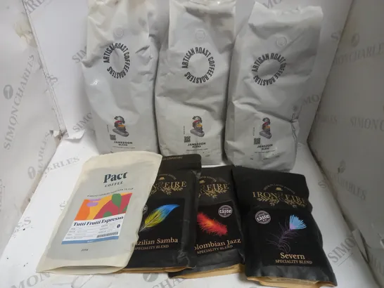 APPROXIMATELY 7 ASSORTED COFFEE PRODUCTS TO INCLUDE ARTISAN ROAST COFFEE ROASTERS, PACT COFFEE, IRON & FIRE ETC 