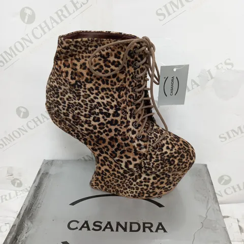 BOXED PAIR OF LEOPARD SUEDE LACE3D HEELE,S BOOTS SIZE 4