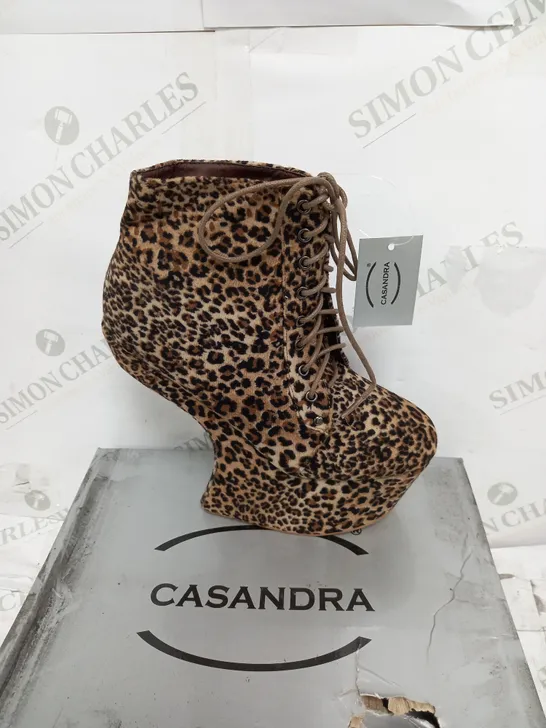 BOXED PAIR OF LEOPARD SUEDE LACE3D HEELE,S BOOTS SIZE 4