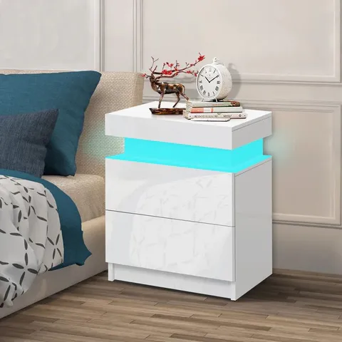 BOXED ELFORDSON BEDSIDE TABLE RGB LED NIGHTSTAND 2 DRAWERS 4 SIDE HIGH GLOSS WHITE (1 BOX)