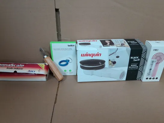 BOX OF APPROXIMATELY 14 ASSORTED ITEMS TO INCLUDE - BELKIN AIRTAG HOLDER , FAN , BOTTLE OPENER ETC