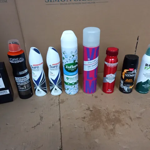 APPROXIMATELY 10 ASSORTED AEROSOLS TO INCLUDE ROCK FACE DEODRANT, LYNX BLACK VANILLA, AND LOREAL CARBON PROTET ETC. 