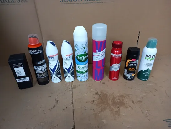 APPROXIMATELY 10 ASSORTED AEROSOLS TO INCLUDE ROCK FACE DEODRANT, LYNX BLACK VANILLA, AND LOREAL CARBON PROTET ETC. 