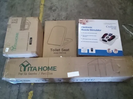 PALLET OF ASSORTED ITEMS INCLUDING  TOILET SEAT, POP UP GAZEBO, ELECTRONIC MUSCLE STIMULATOR, SHOE BOXES, WALL SHELF,