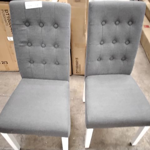 4 DESIGNER GREY FABRIC CHAIRS WITH BUTTONED BACK AND WHITE  LEGS 
