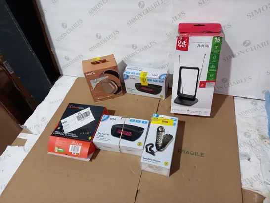 	BOX OF APPROXIMATELY 20 ASSORTED ELECTRICAL ITEMS TO INCLUDE ONE FOR AERIAL, ONN ALARM CLOCK, MIXX WIRELESS HEADPHONES ETC