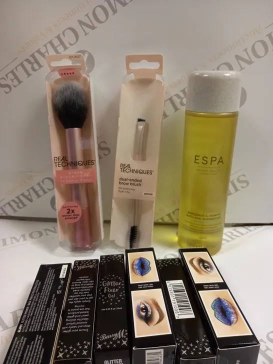 BOX OF APPROXIMATELY 20 ASSORTED COSMETICS TO INCLUDE REA; TECHNIQUES BROW BRUSH, ESPA SHOWER GEL, GLITTER FIXER GEL ETX