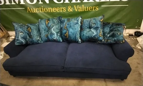 THE LOUNGE COMPANY DARK BLUE FABRIC 3 SEATER SOFA WITH SCSTTERBACK CUSHIONS