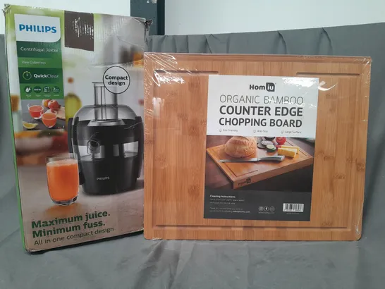 BOX OF 4 ASSORTED HOUSEHOLD ITEMS TO INCLUDE PHILIPS CENTRIFUGAL JUICER, ORGANIC BAMBOO COUNTER EDGE CHOPPING BOARD, ETC