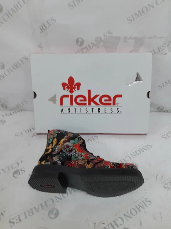 BOXED PAIR OF RIEKER LACE UP BOOTS MULTI/FLORAL PATTERN - SIZE 5