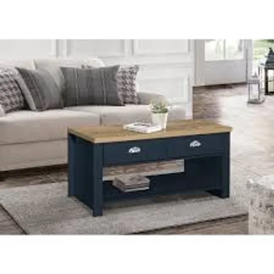 BOXED NAPANOCH SLED COFFEE COFFEE TABLE WITH STORAGE - NAVY BLUE/OAK EFFECT (1 BOX)