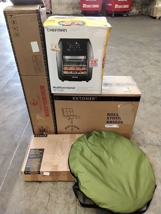 A PALLET OF VARIOUS ITEMS TO INCLUDE. POP UP TENT, SPEAKER STANDS, CAMPING EQUIPMENT, ROLLER STOOL AND AIR FRYER