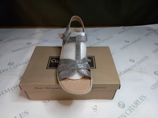 BOXED PAIR OF CUSHION WALKEMBELLISHED STRAPPY SANDALS IN PEWTER - SIZE 7