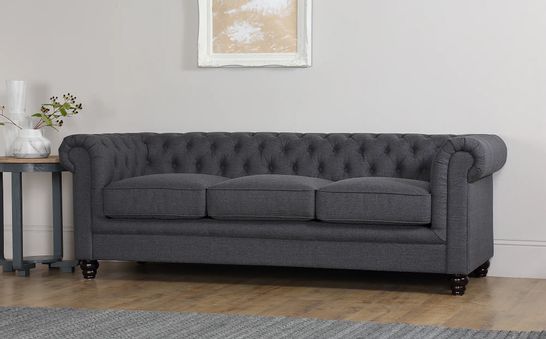 BOXED DESIGNER HAMPTON SLATE GREY FABRIC THREE SEATER CHESTERFIELD SOFA