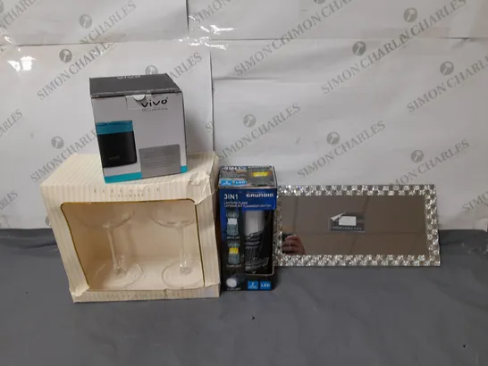 BOXED LOT OF APPROX. 15 HOUSEHOLD ITEMS TO INCLUDE GLASSES, KITCHENWARE AND A MIRROR