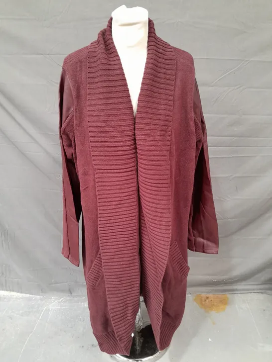 RUTH LANGSFORD FAUX LEATHER SLEEVE COATIGAN- MERLOT XL