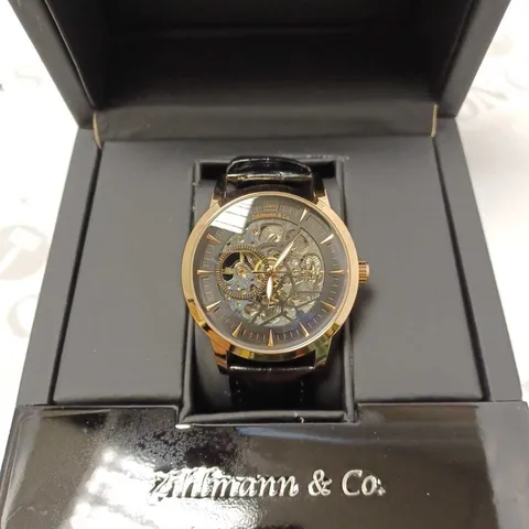 ZIHLMANN & CO GOLD EFFECT SKELETON BLACK LEATHER STRAP WRISTWATCH