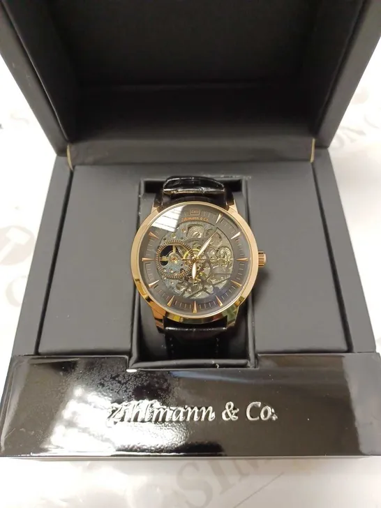 ZIHLMANN & CO GOLD EFFECT SKELETON BLACK LEATHER STRAP WRISTWATCH