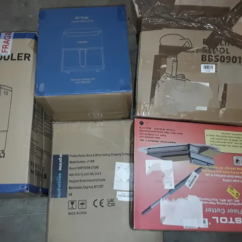 UNPROCESSED PALLET OF ASSORTED ITEMS TO INCLUDE LAMINATE FLOOR CUTTER, AIR COOLER AND AIR FRYER