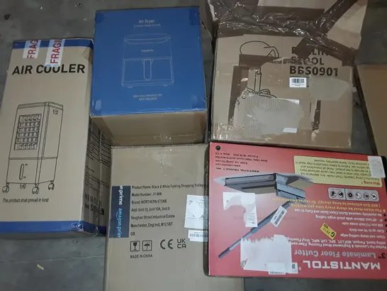 UNPROCESSED PALLET OF ASSORTED ITEMS TO INCLUDE LAMINATE FLOOR CUTTER, AIR COOLER AND AIR FRYER