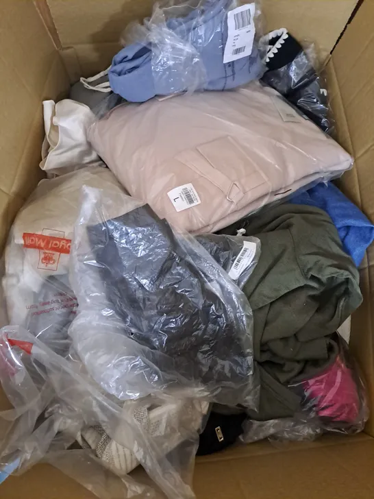 LARGE BOX OF ASSORTED CLOTHING ITEMS IN VARIOUS COLOURS AND SIZES INCLUDING TROUSERS , TOPS AND JUMPERS 