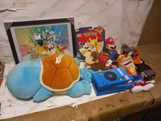 LOT OF 10 ASSORTED ITEMS TO INCLUDE POKEMON ART PRINT, PLUSH TOYS, USB-C CABLES ETC