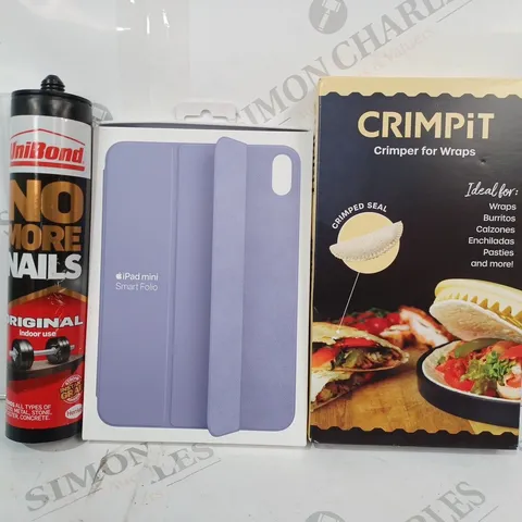 APPROXIMATELY 10 ASSORTED HOUSEHOLD ITEMS TO INCLUDE CRIMPIT CRIMPER FOR WRAPS, IPAD MINI SMART FOLIO CASE, UNIBOND NO MORE NAILS, ETC