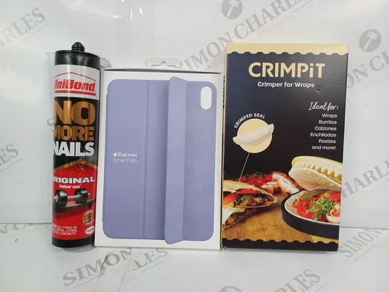 APPROXIMATELY 10 ASSORTED HOUSEHOLD ITEMS TO INCLUDE CRIMPIT CRIMPER FOR WRAPS, IPAD MINI SMART FOLIO CASE, UNIBOND NO MORE NAILS, ETC