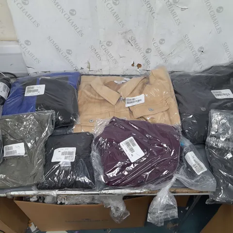 BOX OF APPROXIMATELY 10 ASSORTED BAGGED CLOTHING PIECES IN VARIOUS STYLES AND SIZES 