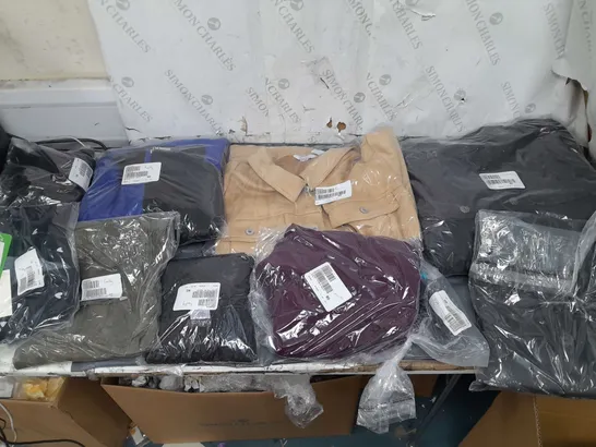 BOX OF APPROXIMATELY 10 ASSORTED BAGGED CLOTHING PIECES IN VARIOUS STYLES AND SIZES 