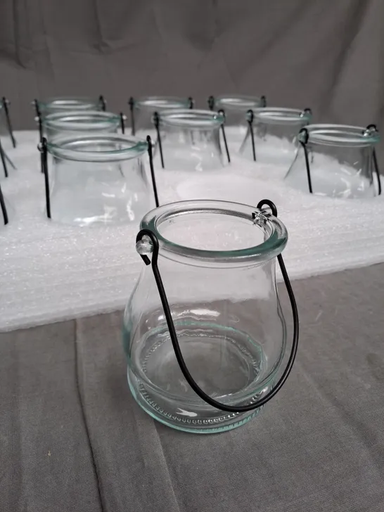 SET OF 12 GLASS BLACK HANDLE CANDLE LANTERN HOLDERS 