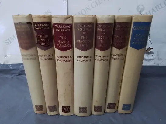 LOT OF 7 BOOKS BY WINSTON S CHURCHILL INCLUDES THE SECOND WORLD WAR VOL 1-6 & CHURCHILL BY HIS VONTEMPORARIES