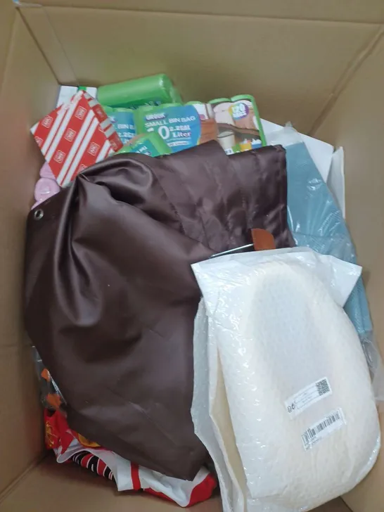 BOX OF ASSORTED HOUSEHOLD ITEMS TO INCLUDE - CLOTH HANGERS - BIN BAGS - DOGS TOY - NURSING PADS / COLLECTION ONLY 