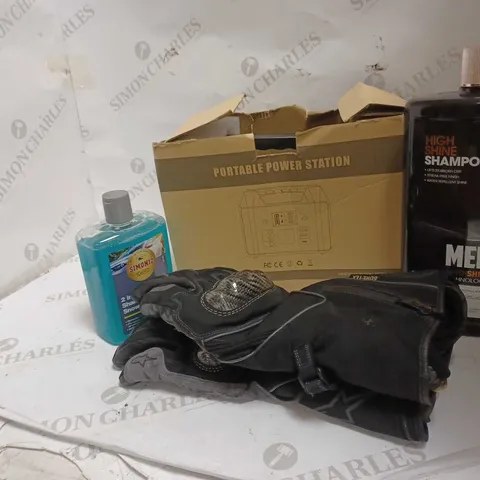 LOT OF APPROX 10 TO INCLUDE GLOVES , 2 IN 1 SHAMPOO AND SNOW FOAM , AUTO SHINE SHAMPOO , PORTABLE POWER STATION , ETC