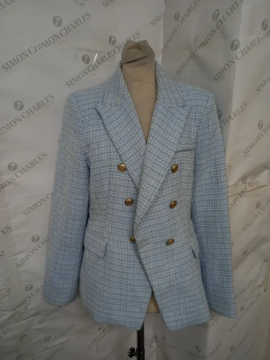 ATTENTIF DOUBLE BREASTED BLAZER JACKET IN BLUE AND WHITE SPARKLE SIZE 14