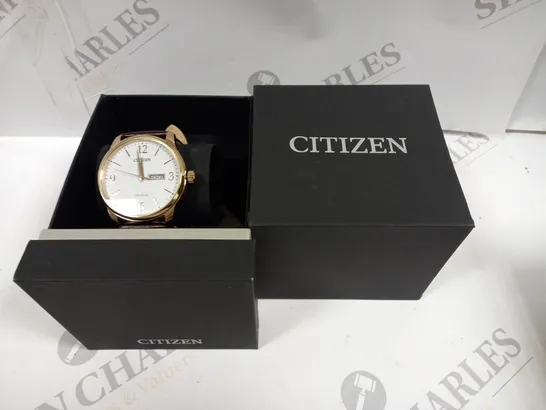 CITIZEN STAINLESS STEEL WHITE FACE GENTS WATCH WITH BROWN LEATHER STRAP