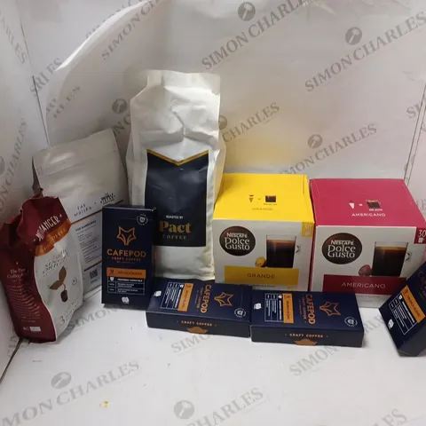 LOT OF APPROXMATELY 9 ITEMS TO INCLUDE NESCAFE DOLCE GUSTO AMERICANO (30 PODS), PACT COFFEE BOURBON CREAM ESPRESSO - BUSINESS COFFEE BEANS (1KG), 4 CAFEPOD CRAFT COFFEE BRUNCH BLEND (10 PODS IN EACH B