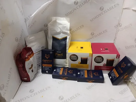 LOT OF APPROXMATELY 9 ITEMS TO INCLUDE NESCAFE DOLCE GUSTO AMERICANO (30 PODS), PACT COFFEE BOURBON CREAM ESPRESSO - BUSINESS COFFEE BEANS (1KG), 4 CAFEPOD CRAFT COFFEE BRUNCH BLEND (10 PODS IN EACH B