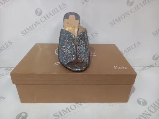 BOXED PAIR OF CHRISTIAN LOUBOUTIN HIGH HEEL MULES IN METALLIC SILVER W. PRISMATIC EFFECT EU SIZE 35.5