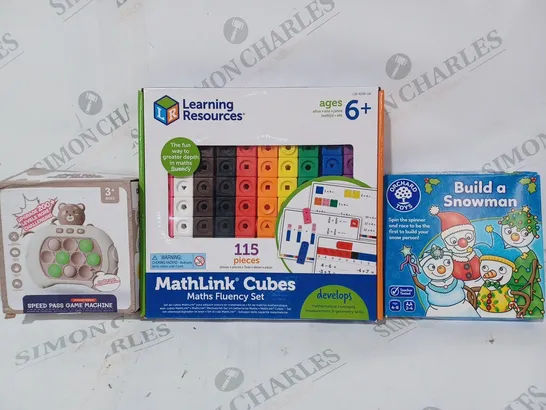 BOX OF APPROXIMATELY 15 ASSORTED TOYS AND GAMES TO INCLUDE ORCHARD TOYS BUILD A SNOWMAN, LEARNING RESOURCES MATHLINK CUBES, ETC