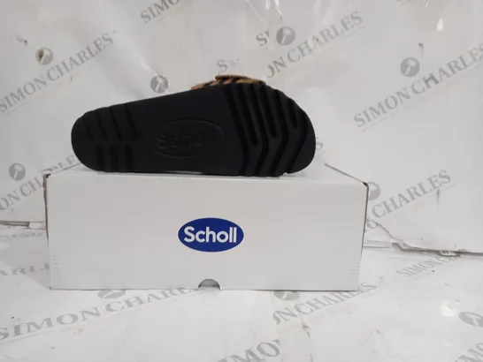 BOXED PAIR OF SCHOLL SANDALS LEATHER SOLE FURY STRIPED STRAP IN BROWN SIZE EU 35